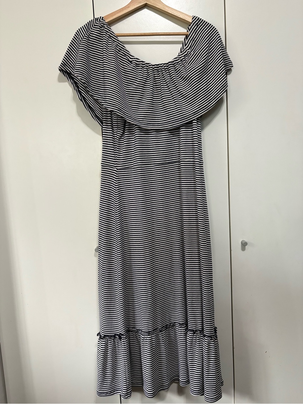 Michael Kors Black & White Striped Off-Shoulder Maxi Dress